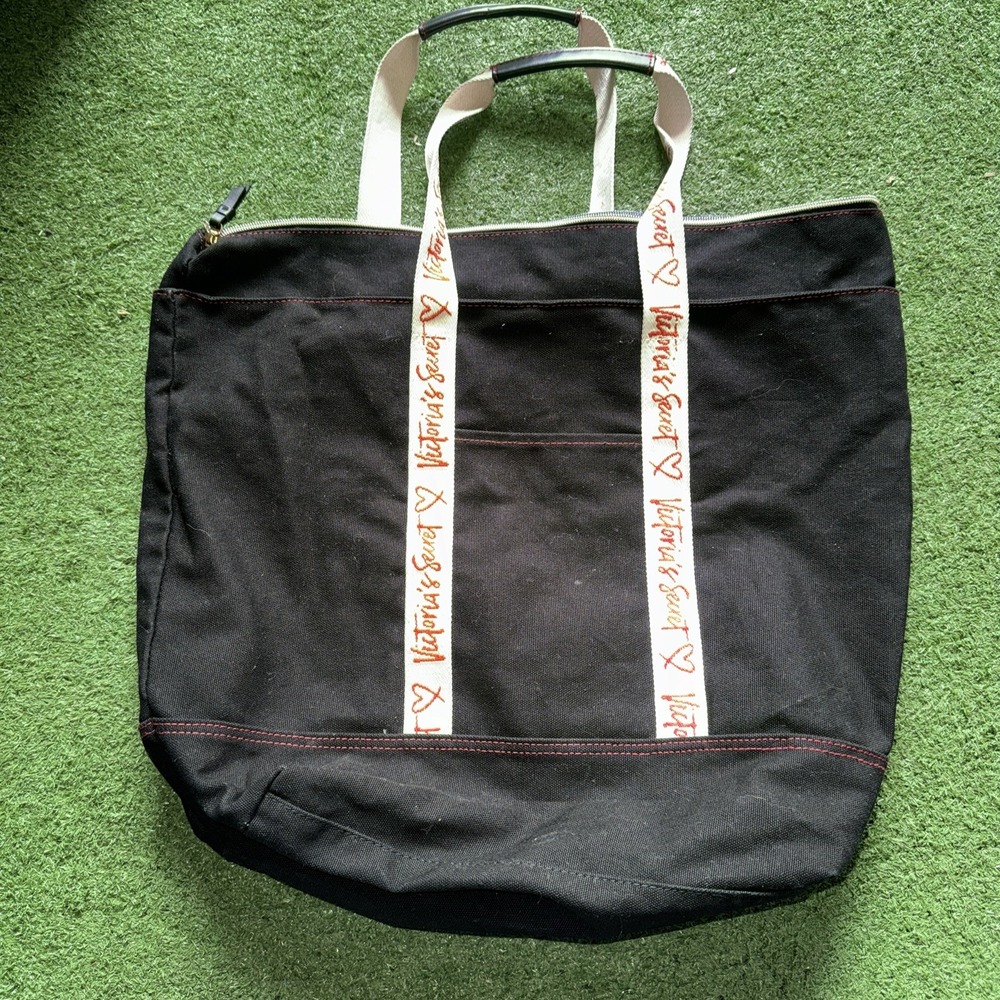 Victoria's Secret‎ Black Canvas Tote Bag Hearts Cute Handbag Leather Handle